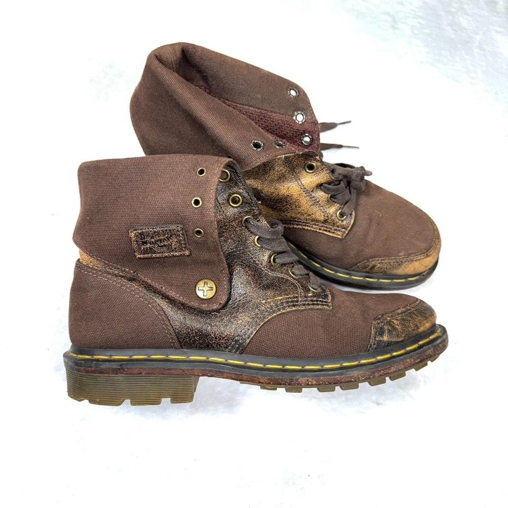 Dr. Martens Fold Over Combat Boots Brown Leather Canvas Lace Up Unisex M9/W10